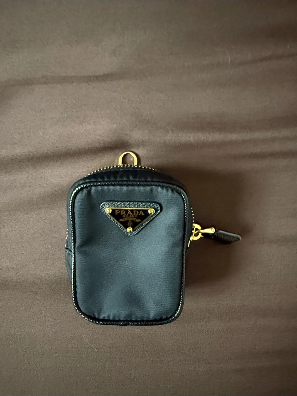 Prada Black Nylon Mini Zip Case with Gold Triangle Logo